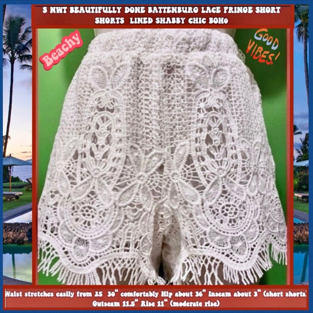FESTIVAL FUN S NWT BATTENBURG LACE & FRINGE SHORT SHORTS LINED BOHO